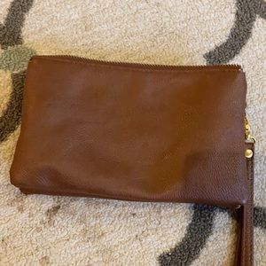 Brown fax leather wristlet with gold zipper